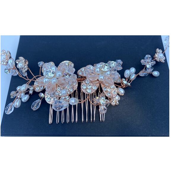 Rose Gold Bridal Hair Comb with Pearls & Crystals – Floral Vine Design - Picture 1 of 7